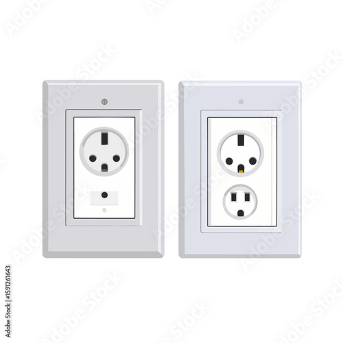 Set of two modern white electrical wall sockets with single and duplex outlets, featuring Type F and Type B receptacles.