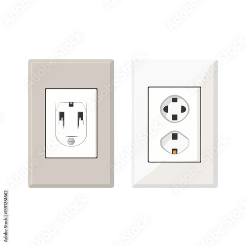 Two different electrical wall outlets, a beige T-slot receptacle and a white combination duplex socket.