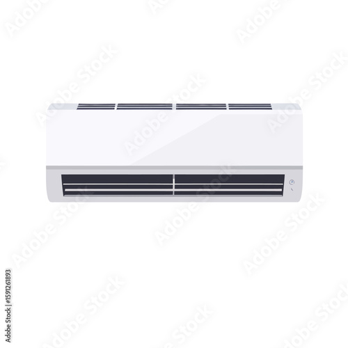 Modern white indoor split system air conditioner unit. Sleek wall-mounted climate control appliance with vents.