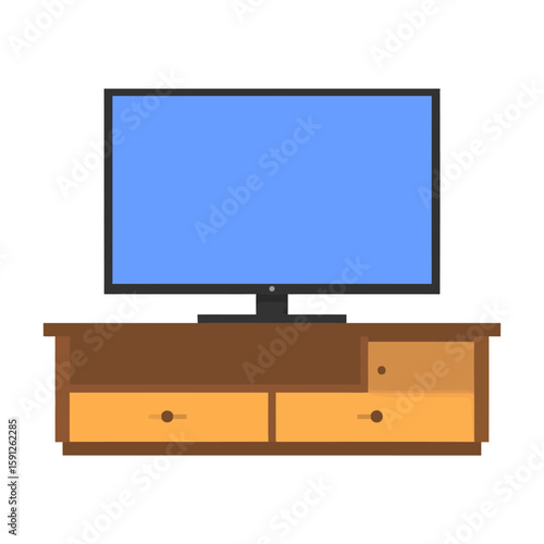 Modern flat-screen TV with a blue screen on a brown wooden media console.
