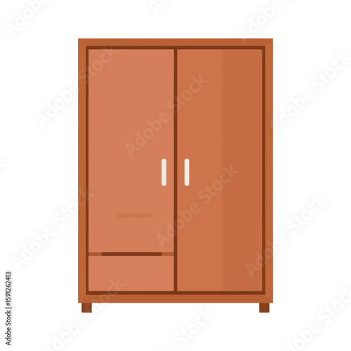 A simple flat illustration of a brown wooden wardrobe with two doors, a drawer, and vertical handles.