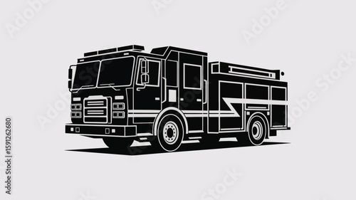 A detailed black and white vector drawing showcases a fire engine with graphic lines and bold shapes on a simple background.