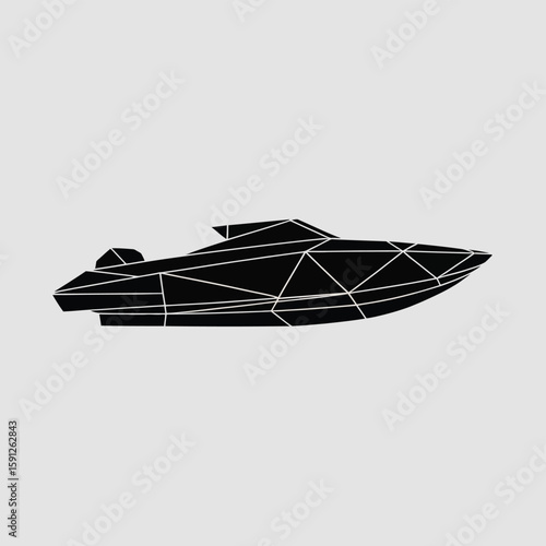 A modern graphic art of a black speed boat with polygon style gives dynamic and abstract visual appeal for nautical themes.