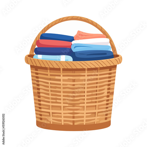 Brown wicker laundry basket with a handle, full of neatly folded colorful towels.