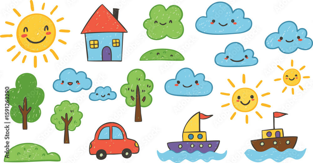 Naklejka premium Seamless pattern with cartoon animals and houses, featuring cars on a road in a green city landscape with sky and clouds