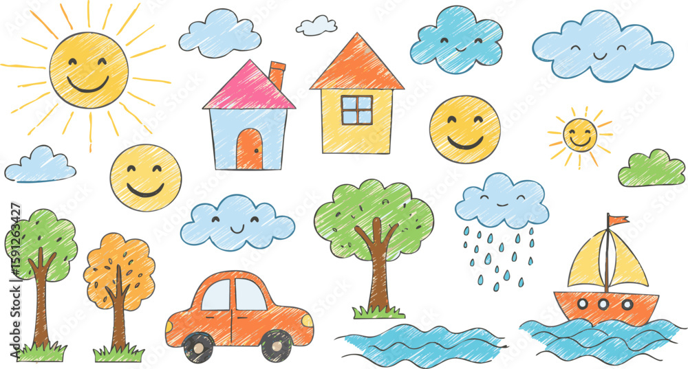 Fototapeta premium Seamless pattern with cartoon animals and houses, featuring cars on a road in a green city landscape with sky and clouds