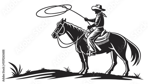 Cowboy silhouette riding horse throwing lasso vector illustration wild west rodeo rider country western art design