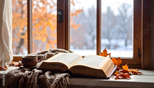 Open Book Resting on Windowsill with Autumn Leaves and Winter Scene