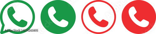 Four Telephone Handset Icons, Green and Red Call Symbol on White Background