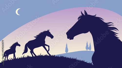 Horse family silhouette vector art: mare, foal, and stallion running free at dusk, equestrian illustration