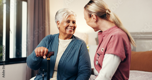 Caregiver, senior woman and walking stick in nursing home for assisted living, homecare and help. Happy patient, nurse and talking in bedroom for healthcare, frail care and support in retirement