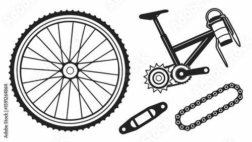 Bike parts vector illustration including wheel frame chain and gears for cycling enthusiasts and mechanics