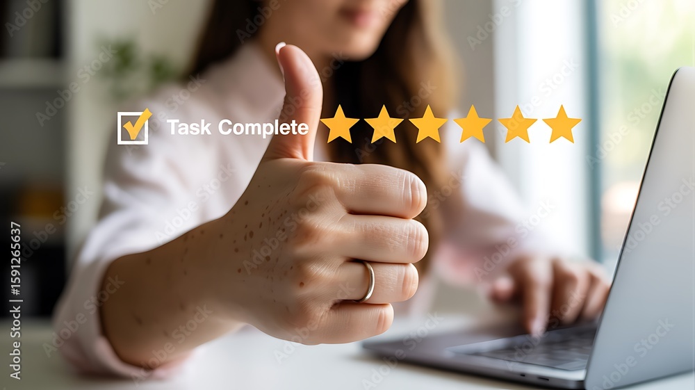Woman giving thumbs up with completed task and star rating gesture positive Woman giving thumbs up with completed task and star rating gesture positive