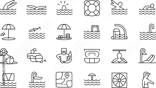 A collection of summer themed icons featuring swimming, beach activities, and water related elements