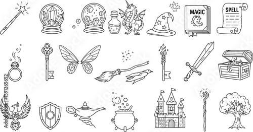 Vector art of a whimsical collection of magical elements, including a crystal ball, dragon, and spell book, isolated on white background