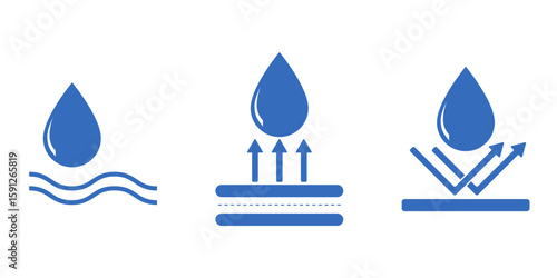 Set of waterproof and anti-weather icons. Blue vector drops with resistant symbols. Ideal for labels, packaging, fabric care, or digital interfaces indicating corrosion or moisture protection.