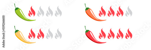 Spice level vector labels with chili pepper icons for hot sauce packaging restaurant menu or food product design showing heat scale from mild to extra spicy in red color palette