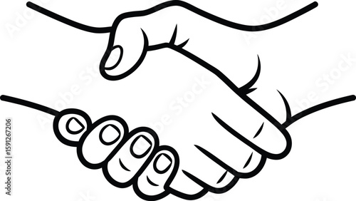 Line art of two hands shaking in agreement, black and white outlines, transparent