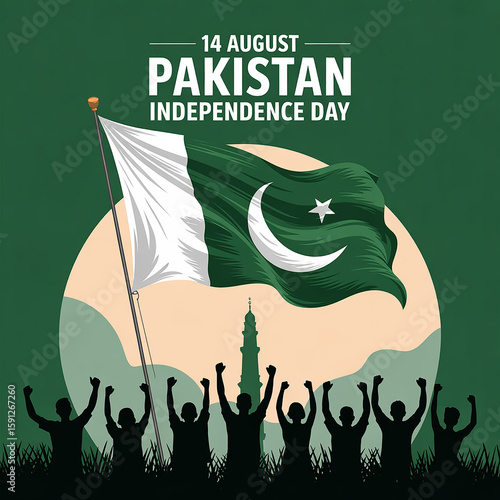Pakistan Independence Day Artwork with Flag, Silhouettes, Minar-e-Pakistan, and Green Background for 14 August