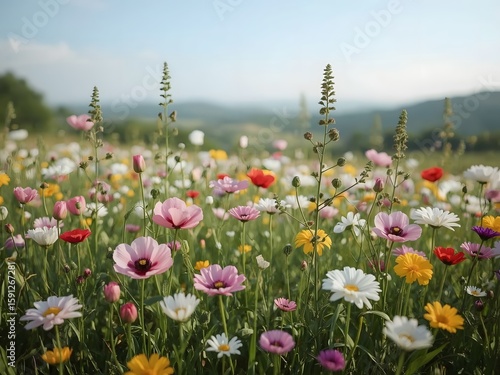 Vibrant wildflowers blooming across a sunlit meadow with distant green hills under a clear blue sky