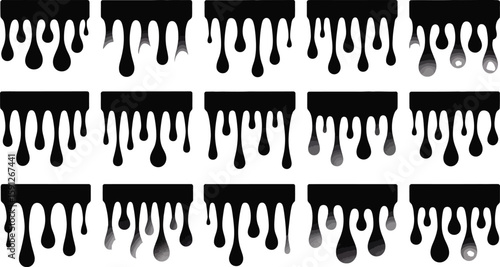 A pattern of black dripping paint with varying opacity arranged in a rectangular grid on white background