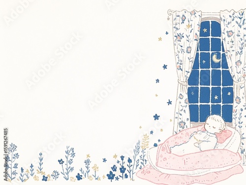 窓辺で眠る子どもと星空