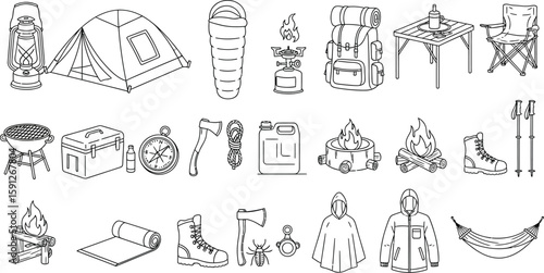 Vector art of essential camping gear for outdoor adventures, including tents, sleeping bags, and cooking equipment, isolated on white background