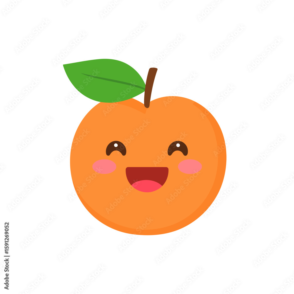 Obraz premium Happy Cartoon Orange with a Wide Grin and Green Leaf