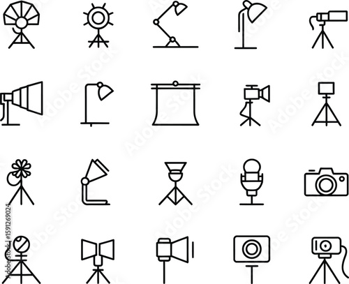 Minimalist Line Art Photography Equipment Icon Set on Transparent Background