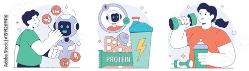 AI Fitness Coach Vector Illustration - Robot Personal Trainer Using Artificial Intelligence for Gym Workouts, Cardio & Protein Diet Plans
