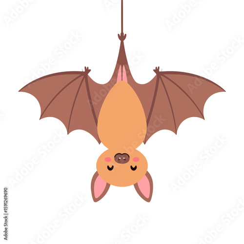 Adorable Cartoon Bat Hanging Upside Down, Brown Wings, Peach Body, Closed Eyes