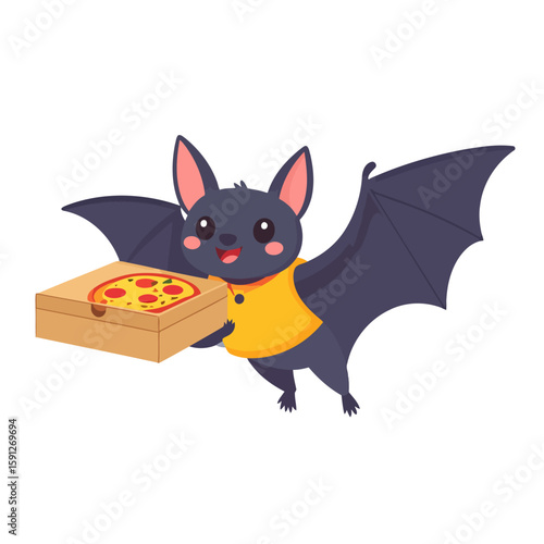 Adorable dark purple bat courier in a yellow vest delivering a fresh pepperoni pizza