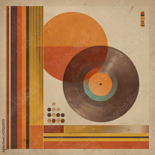 A retro cover for a 70s or 80s funk playlist.	A retro-styled graphic with faded colors, bold typography, and geometric shapes, reminiscent of a 1970s vinyl record cover.
