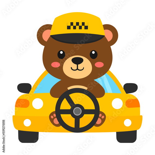 Cute cartoon brown bear taxi driver wearing a checkered cap and driving a yellow car.