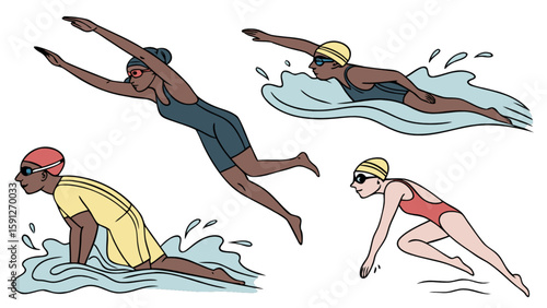 Swimming techniques illustration featuring diverse swimmers in various strokes and water activities style