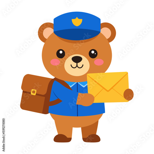 Adorable cartoon bear postman in a blue uniform, holding a yellow letter and carrying a mailbag.