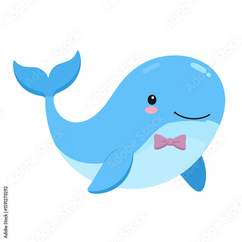 Adorable smiling blue cartoon whale character with rosy cheeks and a pink bow tie.