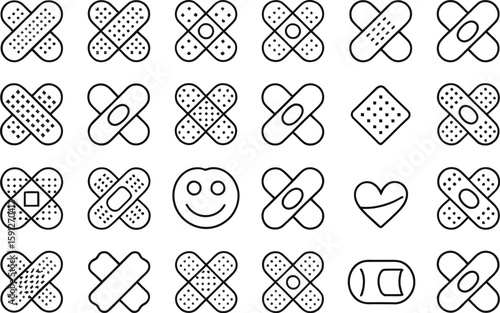 Assorted bandage icons with different designs displayed on a light gray background in a structured pattern