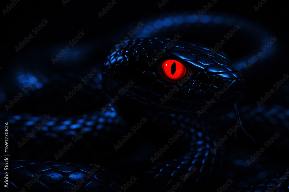 Fototapeta premium Black viper with glowing red eye snake reptile