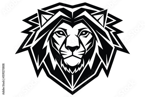 Geometric black lion head art presents symmetrical tribal face sharply