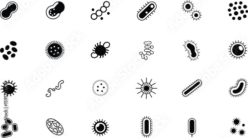 A collection of black and white vector icons depicting various types of bacteria and microorganisms