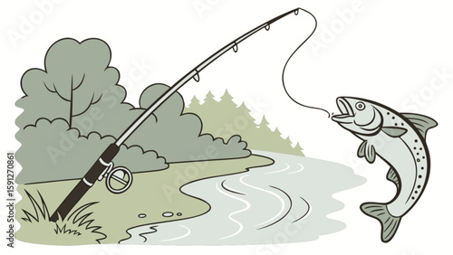 Fishing scene illustration featuring a fish caught on a line with rod and river landscape outdoor scene design