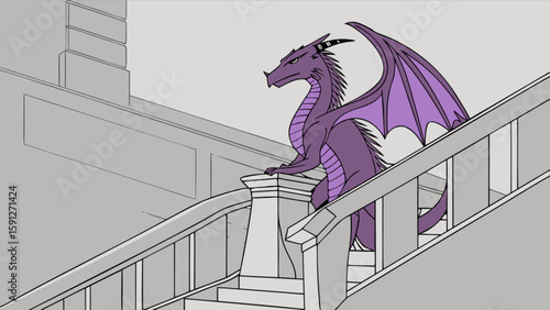 A purple dragon standing on a staircase with wings and horns in a fantasy setting illustration art
