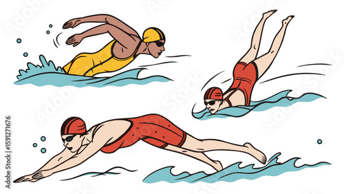 Swimming techniques and styles illustration featuring freestyle backstroke and diving swimmer poses for sports