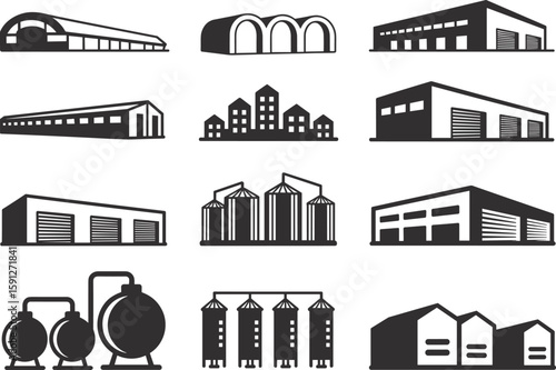 Set of modern warehouse, storage, and industrial building icons, black silhouette vector, flat design, isolated infrastructure illustration