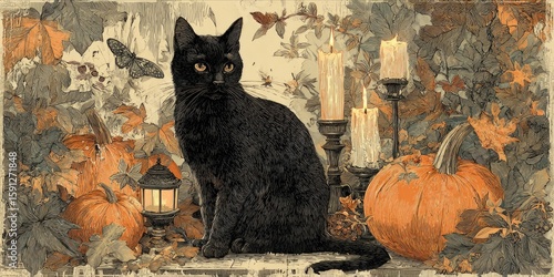 Enchanting Autumn: Black Cat, Pumpkins, and Candles Create a Mystical Evening Scene