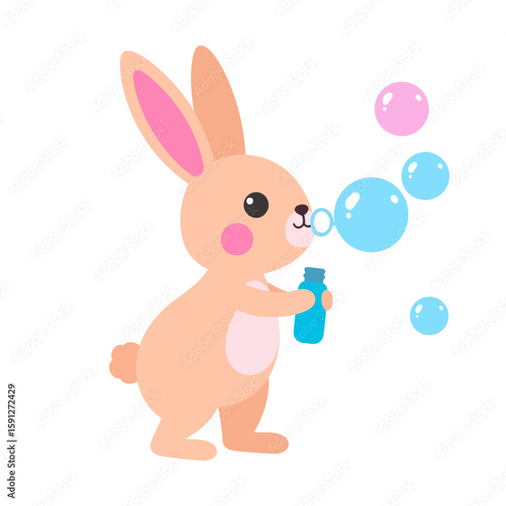 Obraz premium Cute cartoon rabbit with pink cheeks blowing colorful soap bubbles from a blue bottle.