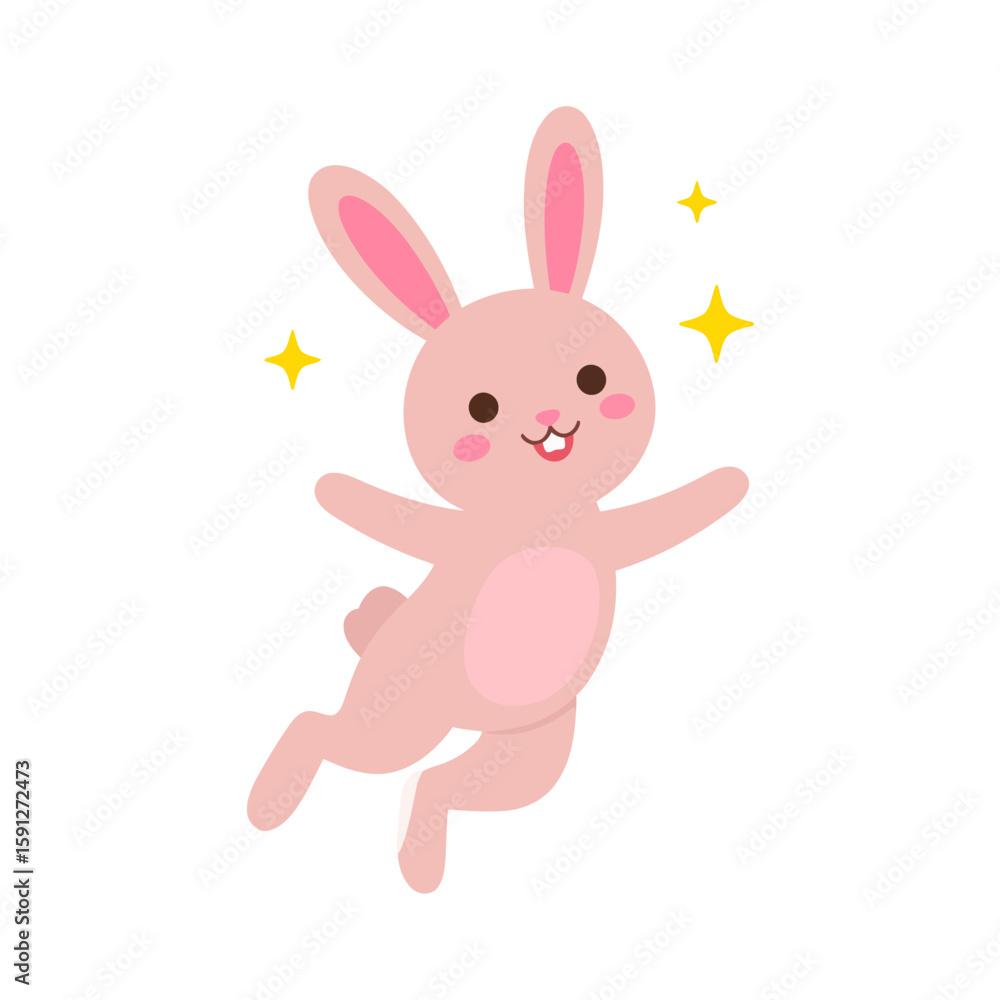 Adorable kawaii pink rabbit with rosy cheeks and sparkles, jumping in a cheerful pose. Adorable kawaii pink rabbit with rosy cheeks and sparkles, jumping in a cheerful pose.