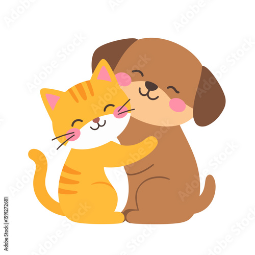 A cute cartoon orange tabby cat and a brown dog hugging with happy, contented expressions.