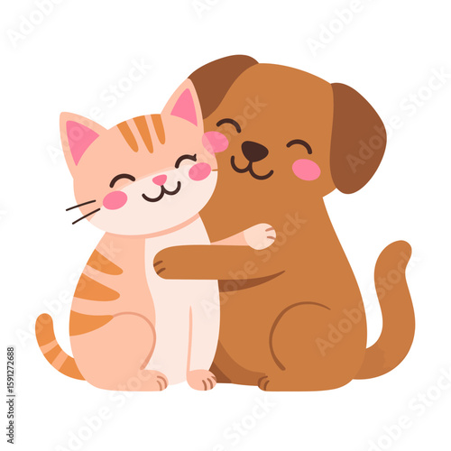 Adorable cartoon cat and dog hugging each other. A cute ginger tabby and a brown puppy embrace with happy, blushing faces.